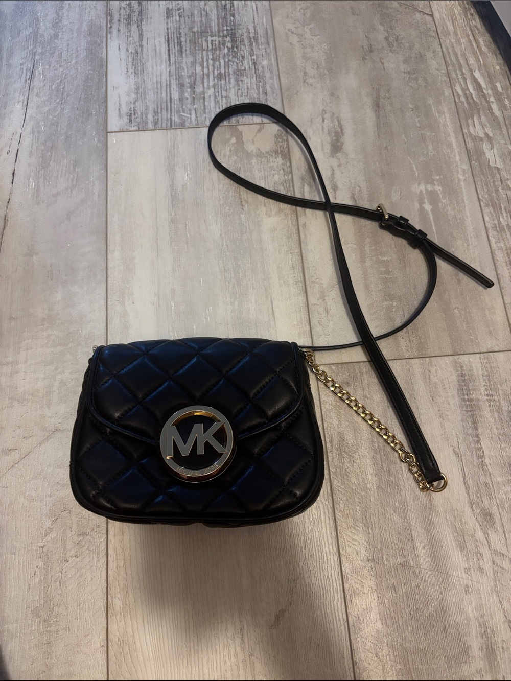 Michael Kors Black Quilted MK Logo Crossbody with Gold Chain
